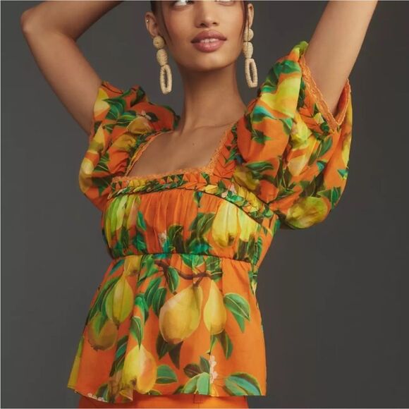 NWT Farm Rio Orange Chic Pears Short Sleeve Blouse Size Medium $148 - Picture 1 of 12